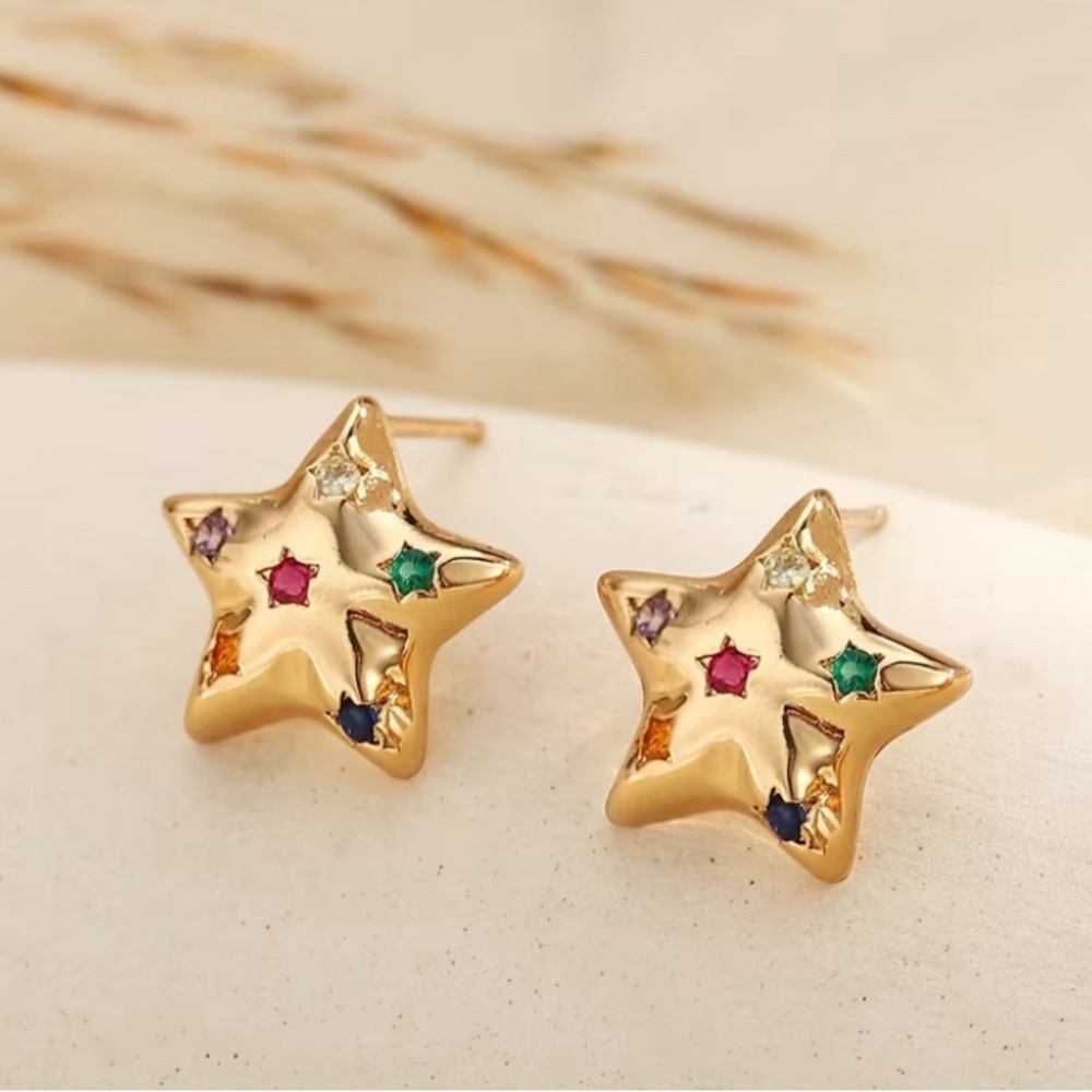 Gold Star Earrings with Multicolor Gems